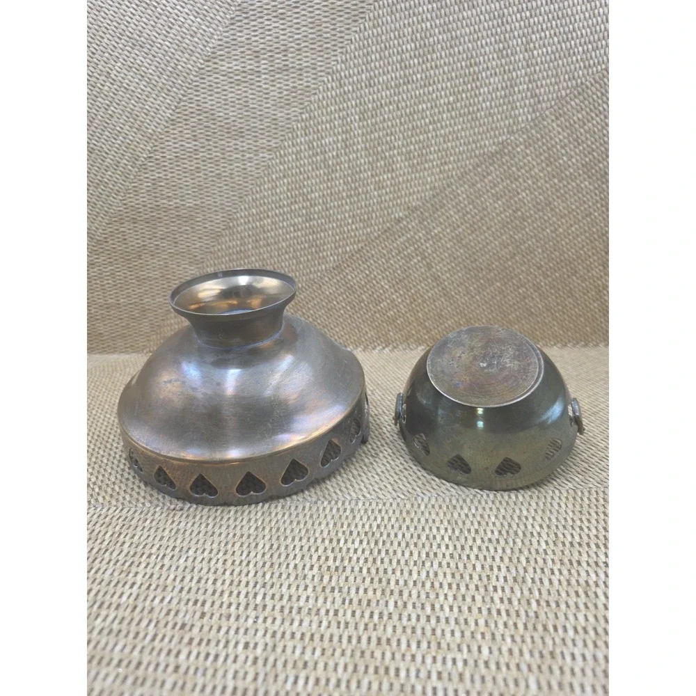 2 Vintage Brass Heart Cutout Candy Nut Bowls Set Pedestal & Handled Basket Decor